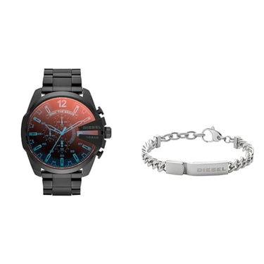 Diesel Men's Mega Chief Chronograph Watch, 59 mm, Black Stainless Steel Case with Stainless Steel Bracelet, DZ4318 & Bracelet for Men, 18 cm - 19.5 cm Silver Stainless Steel Bracelet, DX0966040 on Sale